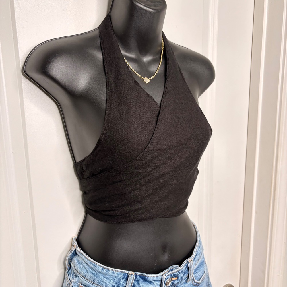 NEW Zara 100% Linen Halter Crop Top Black Wrap Medium Join Life Collection